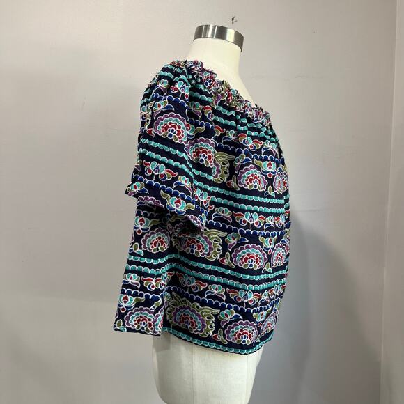 Aqua Off Shoulder Embroidered Boho Peasant Top Colorful Print Size M - Picture 4 of 5
